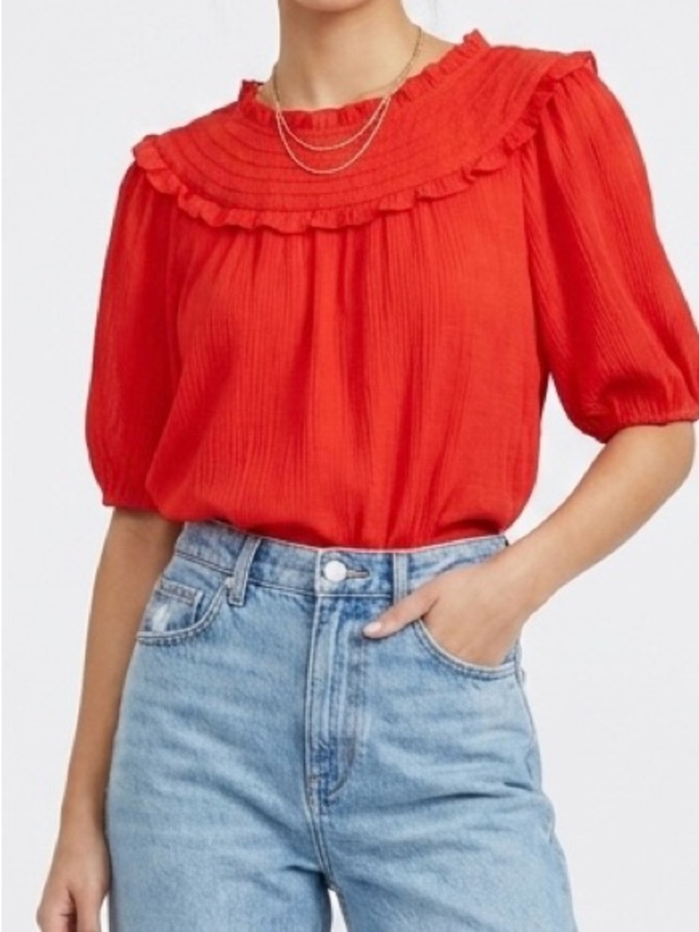 THML Red Ruffle Collar Puff Sleeve Pleated Gauze Blouse Top Medium M